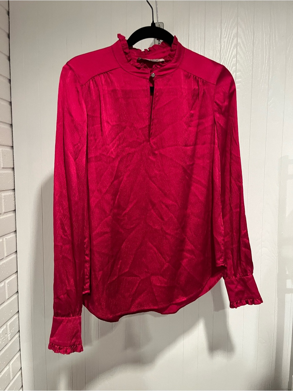 Ruffled Mock-Neck Long-Sleeve Blouse — Vibrant Pink